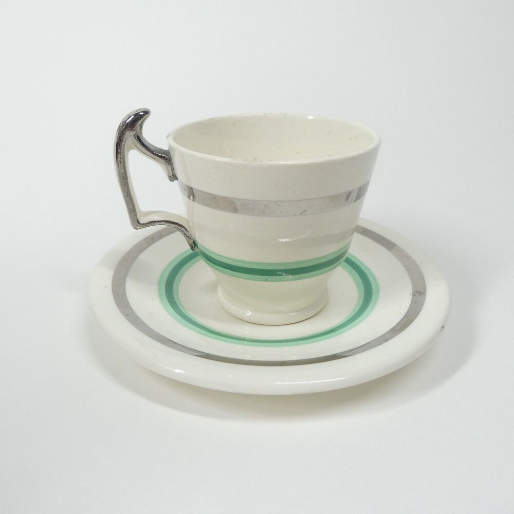 Spode Copeland Demitasse Cup & Saucer Set Jade Green Silver Cream Art Deco